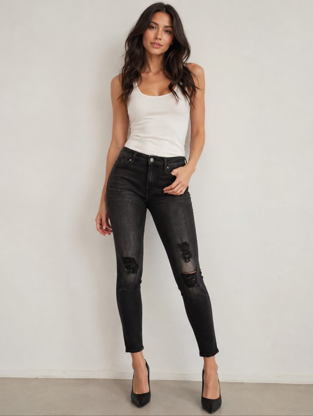 ❤️ 7 FOR ALL MANKIND ANKLE SKINNY JEANS, WASHED BLACK, DISTRESSED, 6 (28)